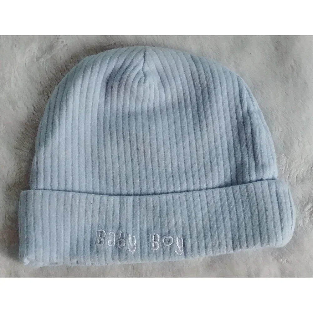 Hat Newborn boys beanie cap blue  infant ribbed with baby detail